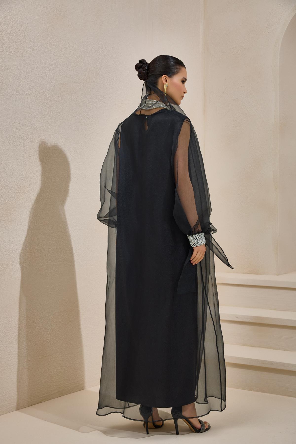 Rose Black Organza Pearl Detailed Abaya - sonafey