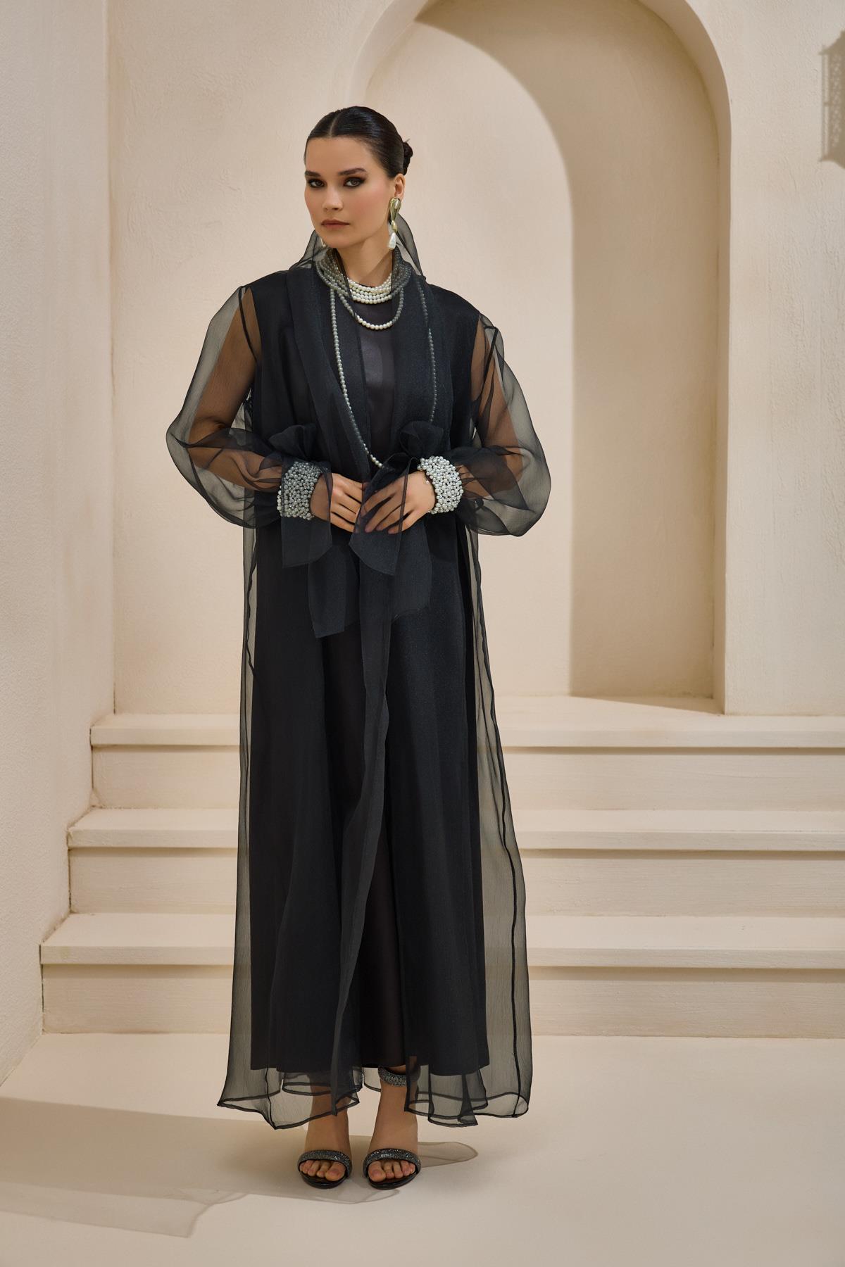 Rose Black Organza Pearl Detailed Abaya - sonafey