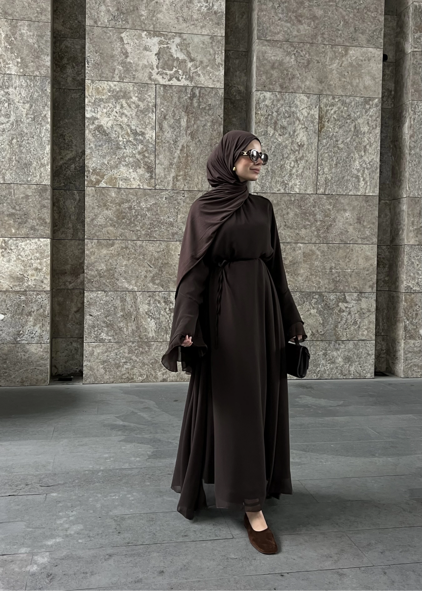 Brown Chiffon Dress with Ruffled Sleeves