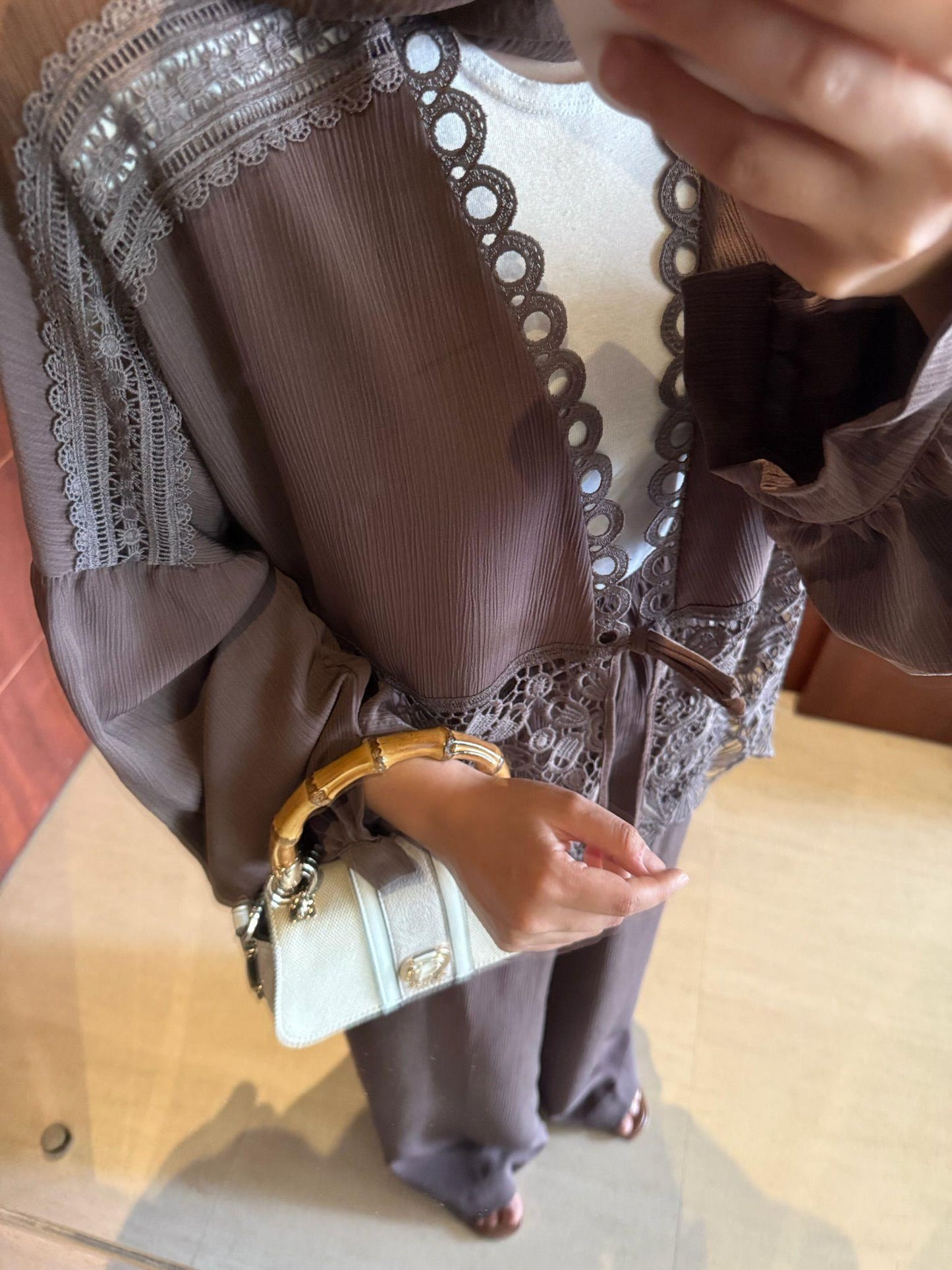 Lace-Trimmed Brown Crinkle Fabric Kimono & Pants Set