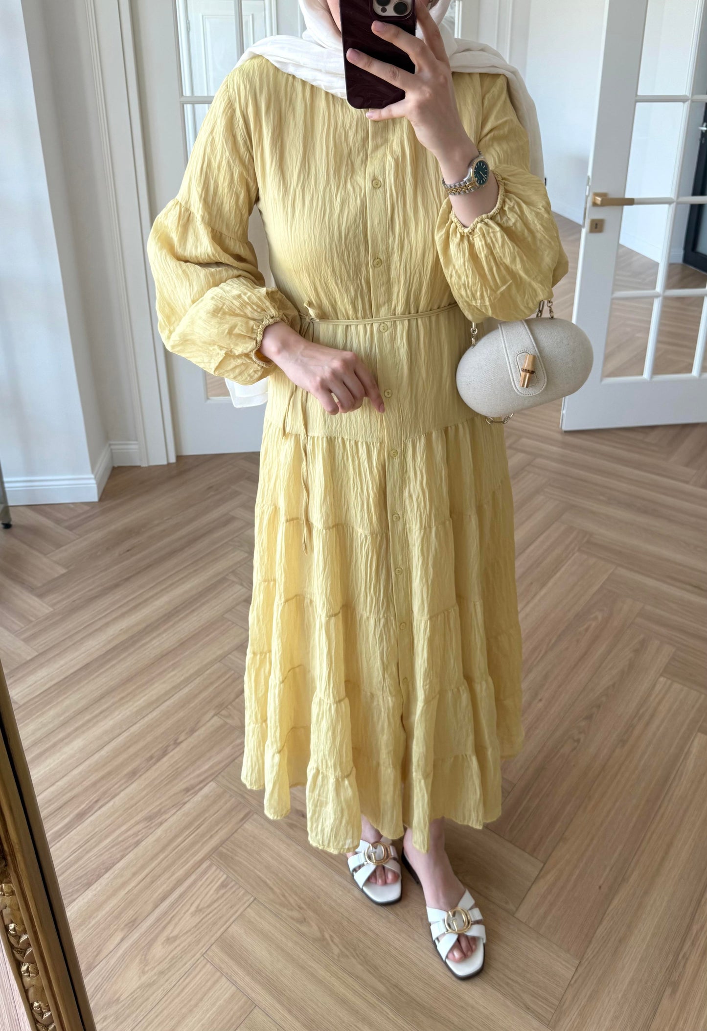 Crushed butter yellow maxi dress