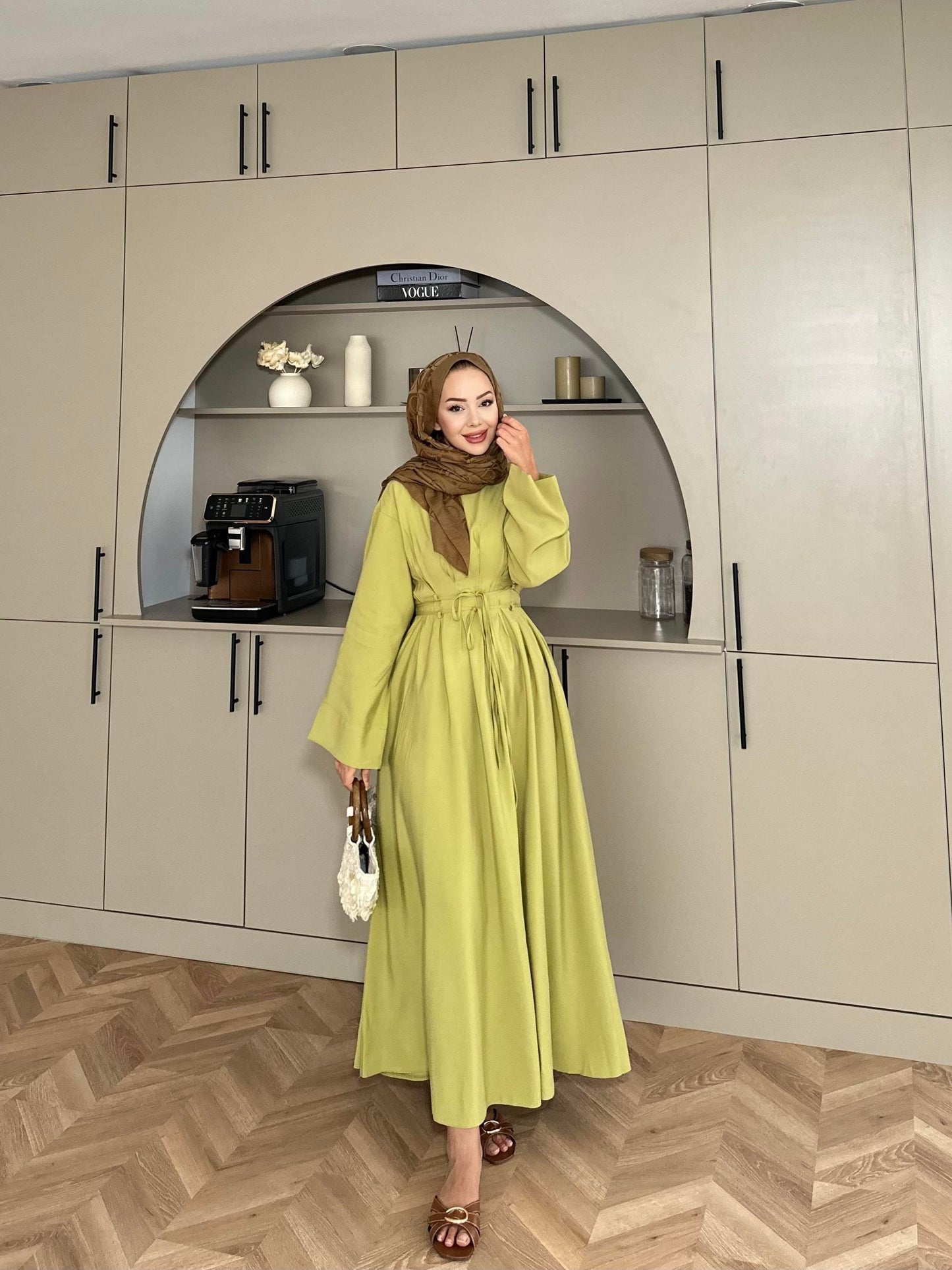 Fitted Waist Maxi Dress in Modal Fabric- Olive