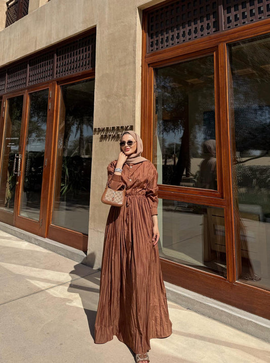 Wrinkle-Effect Cotton Poplin Maxi Dress – Brown