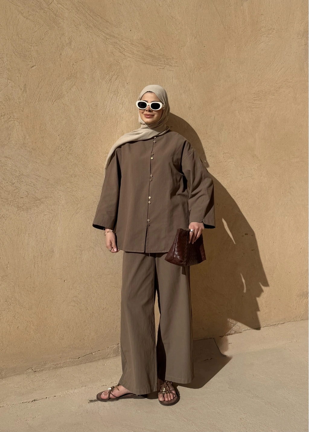 Khaki Button Detail Linen Set – Adjustable Waist