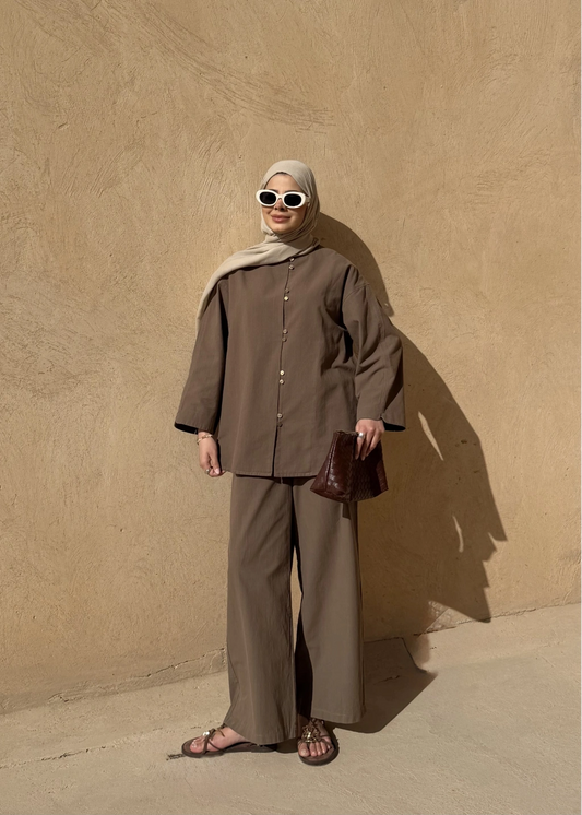 Khaki Button Detail Linen Set – Adjustable Waist