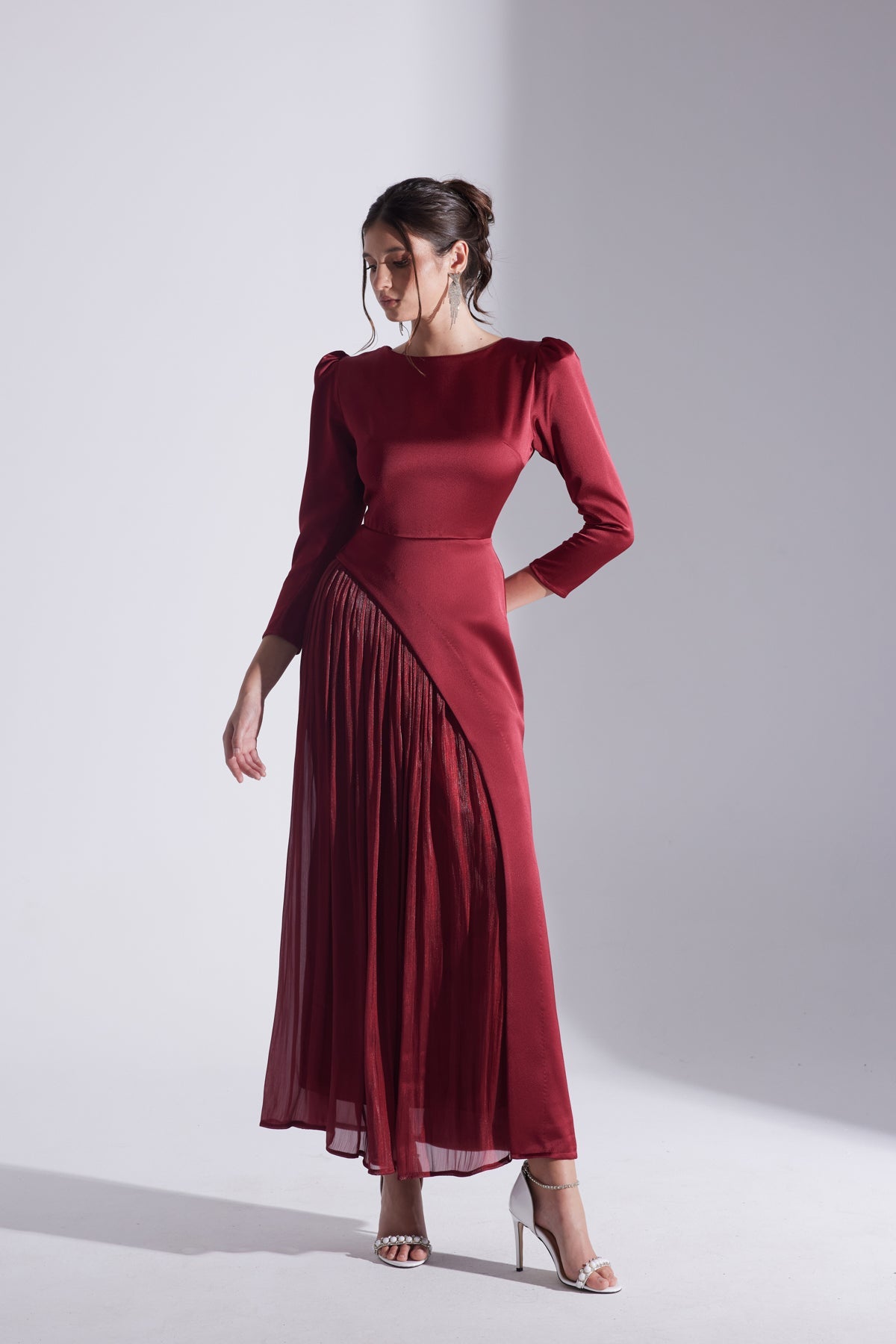Burgundy Asymmetric Detailed Chiffon Skirt Wedding Dress