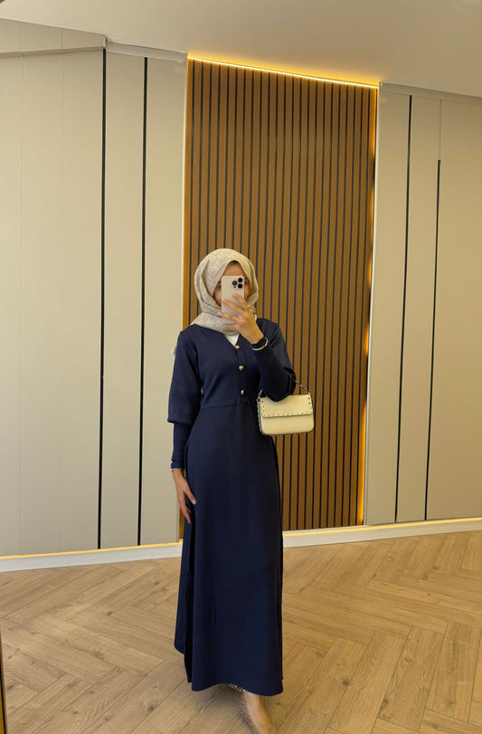 Gold-Button Knit Dress – Navy Blue