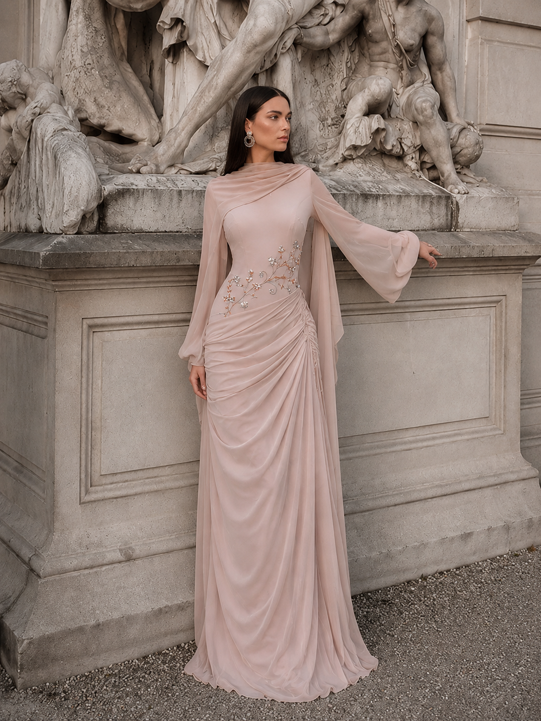 Tulip Modest Evening Dress - Embroidered Shawl Crepe Gown - Poudra