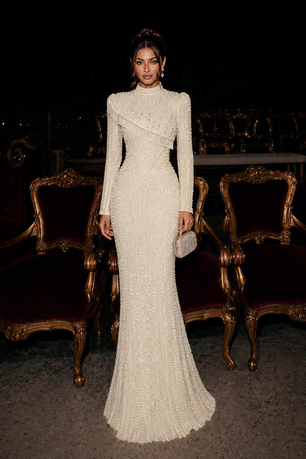 Ivory Beaded Evening Dress - Cream