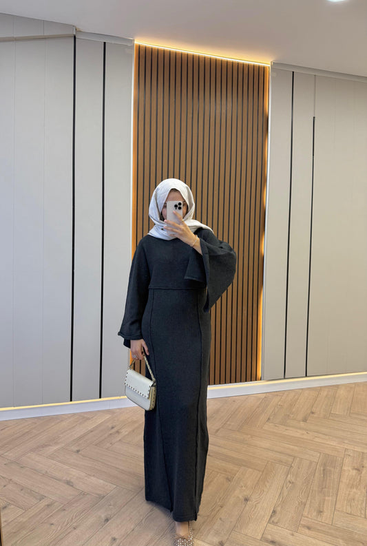 Striped-Detail Knit Dress – Anthracite