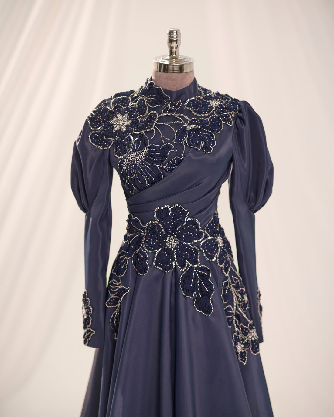 Floral Embellished Modest Evening Dress - Navy Blue