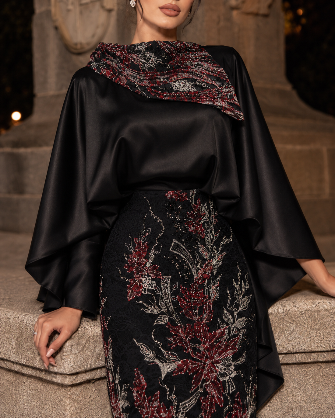 Grace Stone-Embellished Modest Satin Cape Pencil Dress - Evening Dress - Black Red