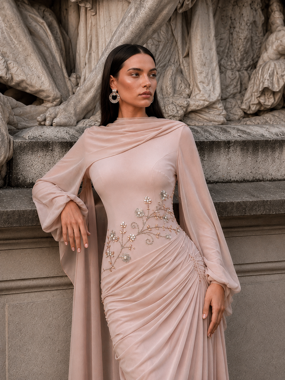 Tulip Modest Evening Dress - Embroidered Shawl Crepe Gown - Poudra