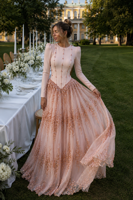 Nada Satin and Tulle Modest Evening Dress -Poudra