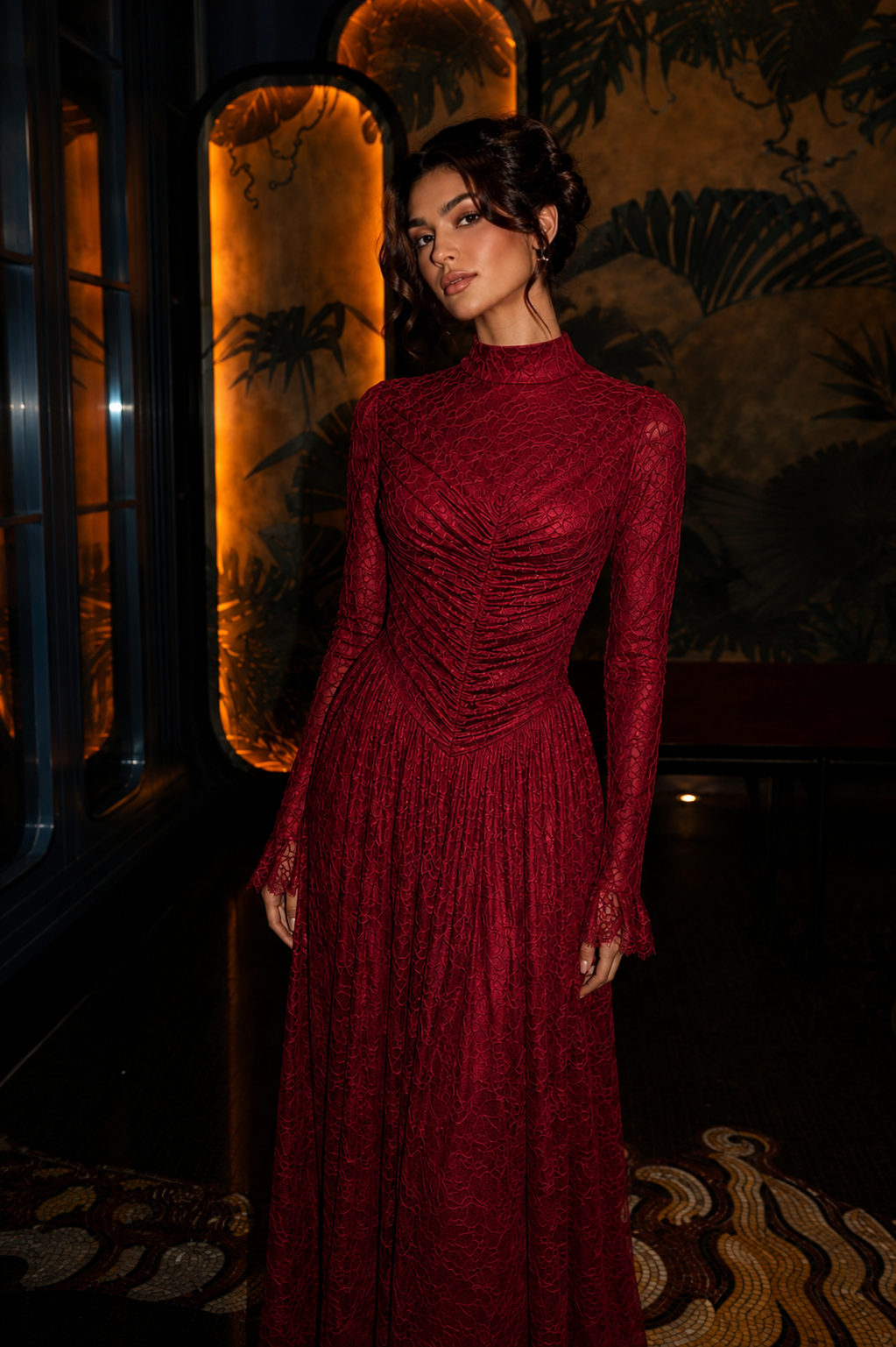 Carmen Ruched Lace Modest Evening Gown- Red