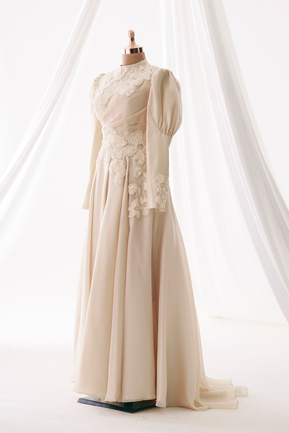 Floral Embellished Modest Evening Dress - Beige
