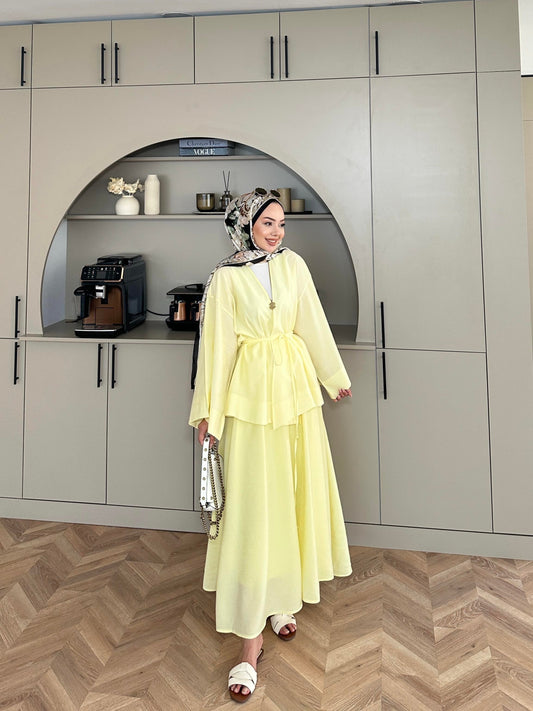 Yellow Modal Kimono and Skirt Set