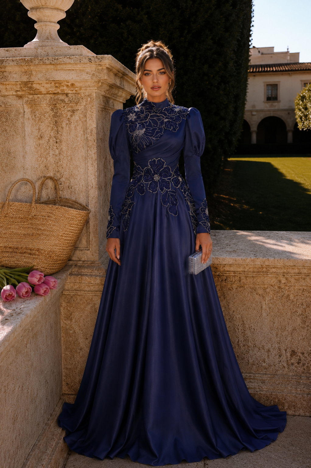 Floral Embellished Modest Evening Dress - Navy Blue
