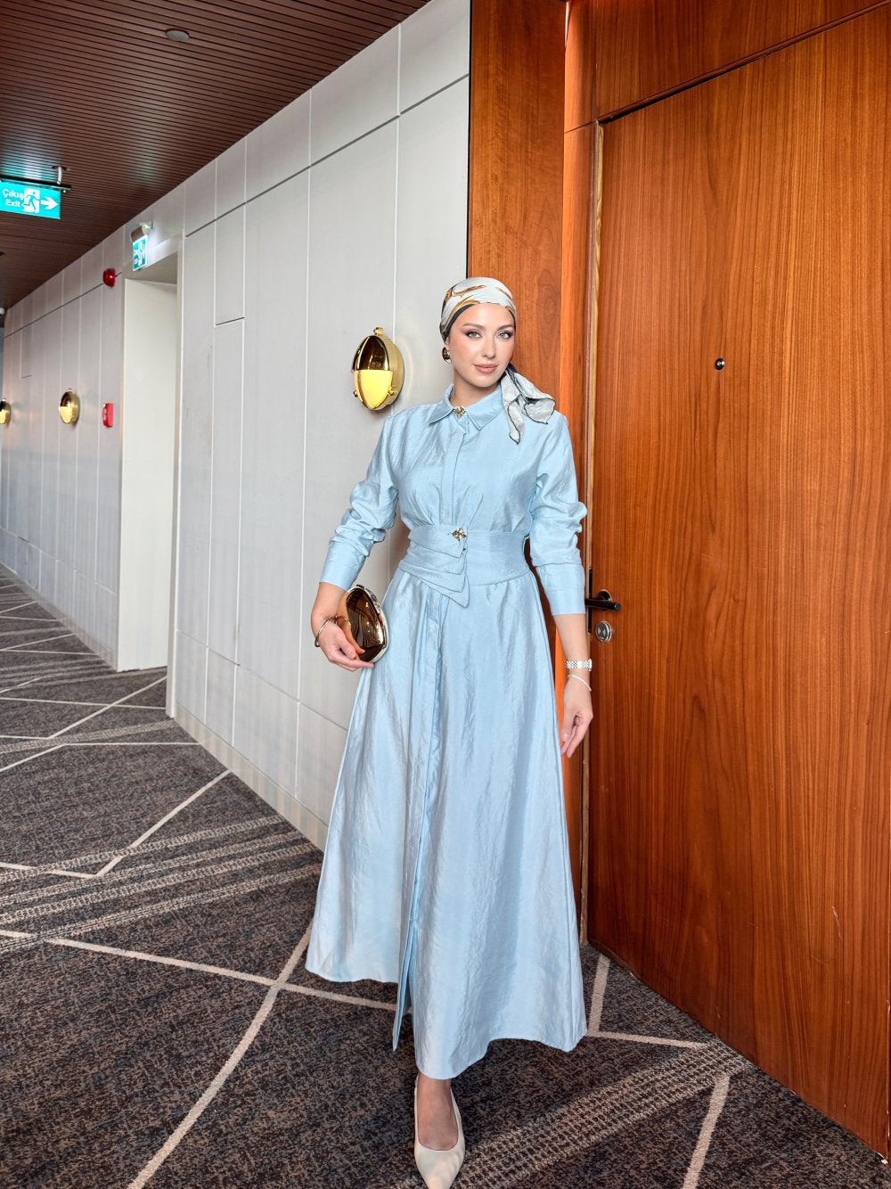 Buckle Detailed Chic Dress Baby Blue