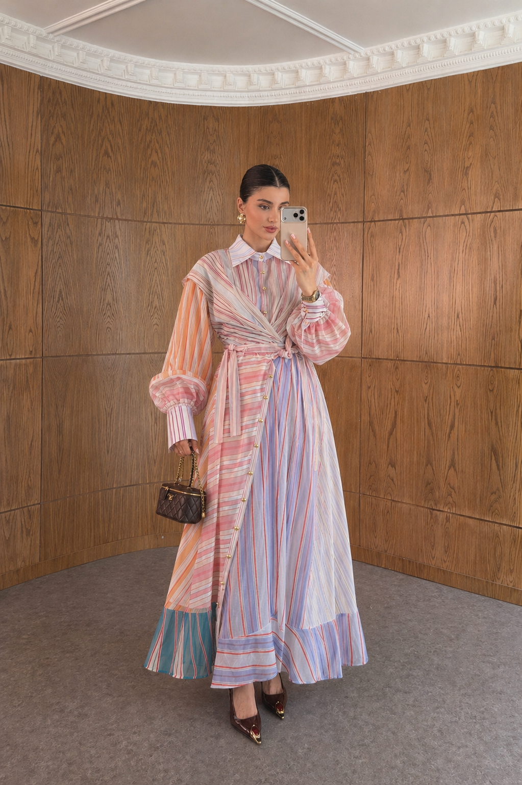 Pastel Stripe Wrap Dress with Balloon Sleeves and Waist Tie