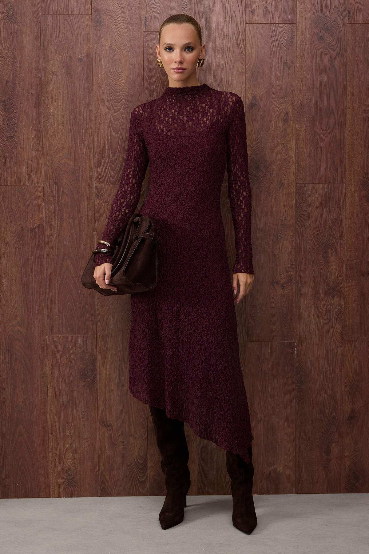 Special Collection Plum Asymmetrical Bodycon Maxi Knit Lace Dress