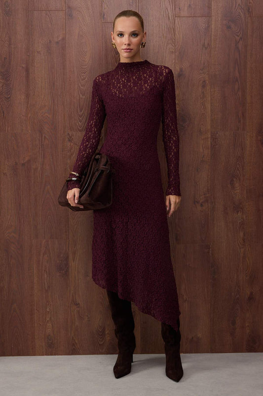 Special Collection Plum Asymmetrical Bodycon Maxi Knit Lace Dress