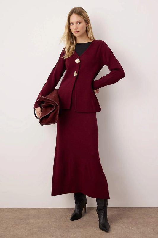 Burgundy Gold-Button Knit Skirt Set