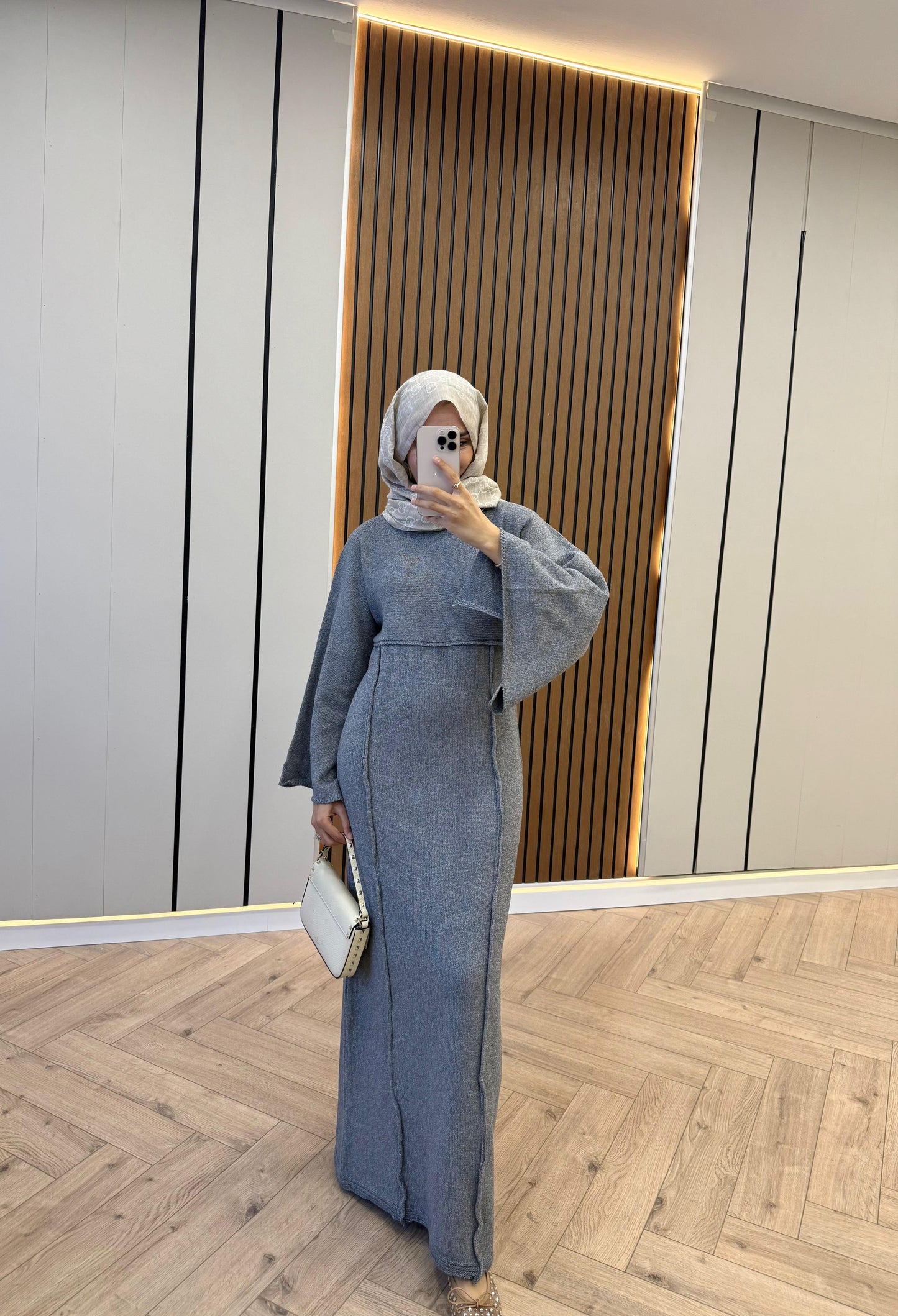 Striped-Detail Knit Dress – Gray