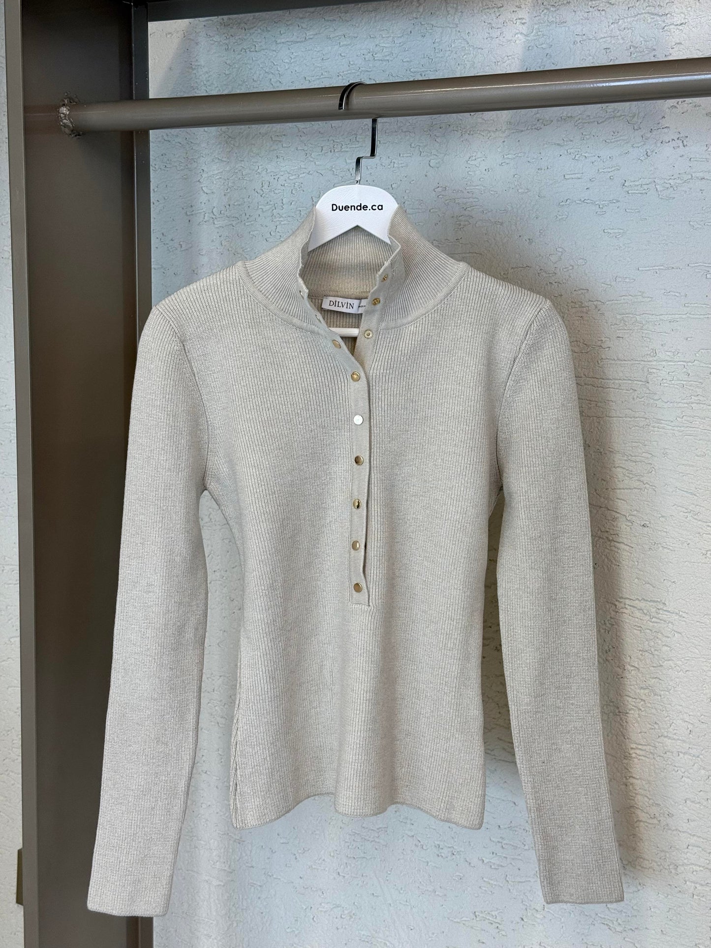 High-Neck Snap-Button Knit Sweater – Beige