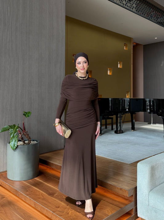 Brown Ecre Layered Maxi Evening Dress