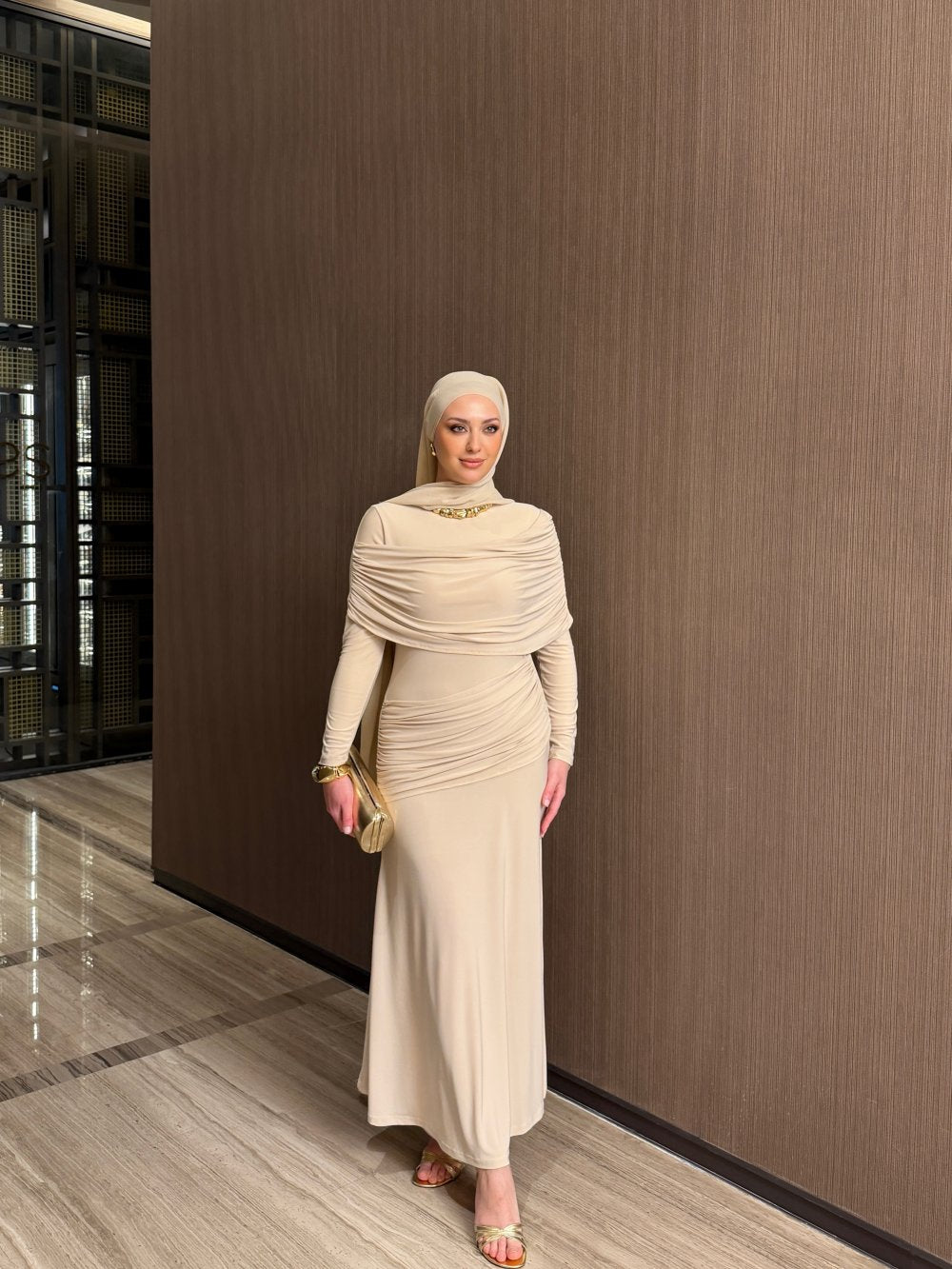 Beige Ecre Layered Maxi Evening Dress