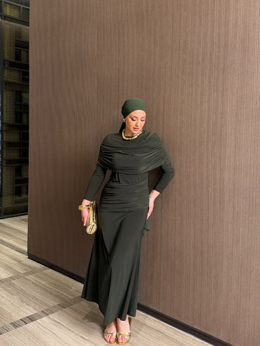 Khaki Ecre Layered Maxi Evening Dress