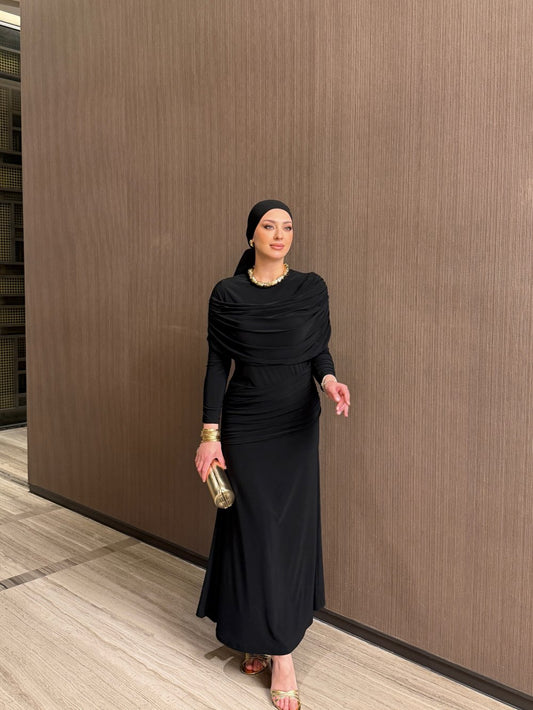 Black Ecre Layered Maxi Evening Dress