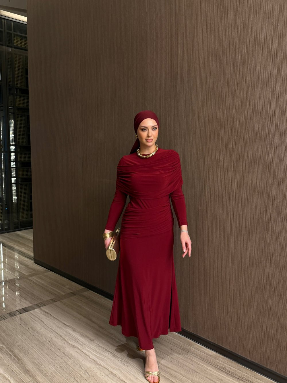Burgundy Ecre Layered Maxi Evening Dress