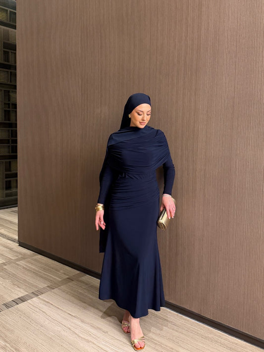 Navy Blue Ecre Layered Maxi Evening Dress