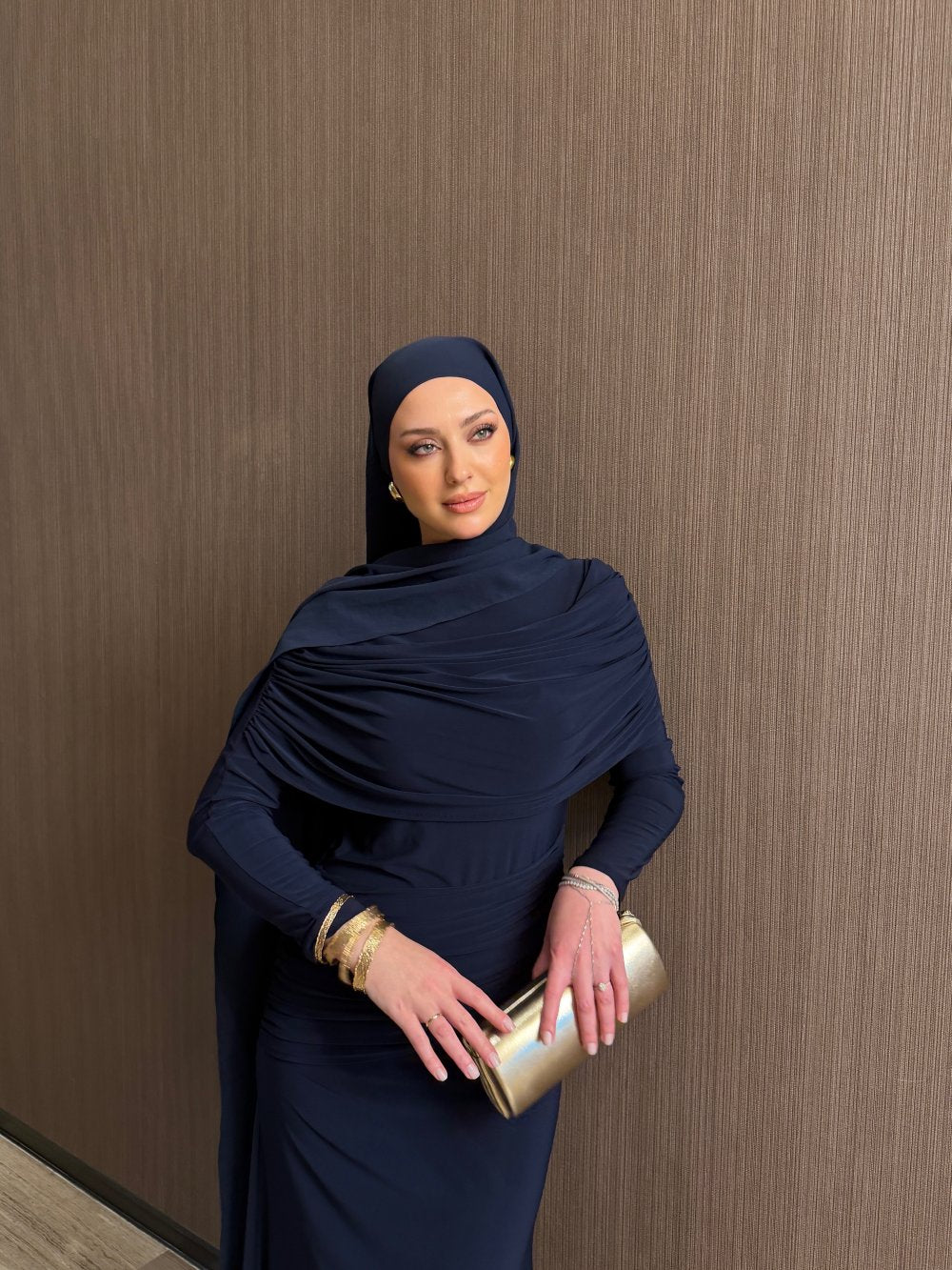 Navy Blue Ecre Layered Maxi Evening Dress