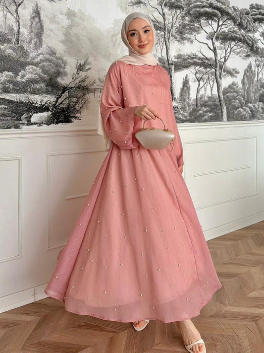 Pearl Embellished Maxi Dress – Flared Skirt & Long Sleeve- Rose