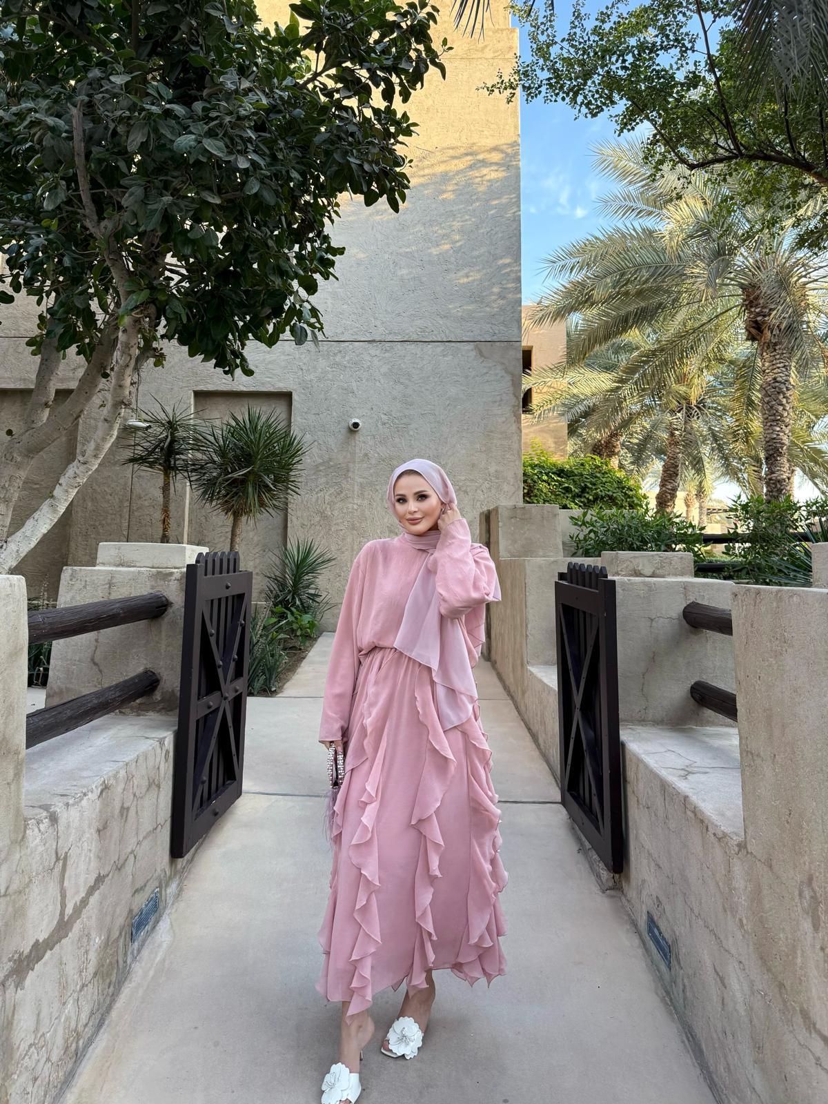 Poudre Pink Ruffle-Detail Chiffon Blouse and Skirt Set