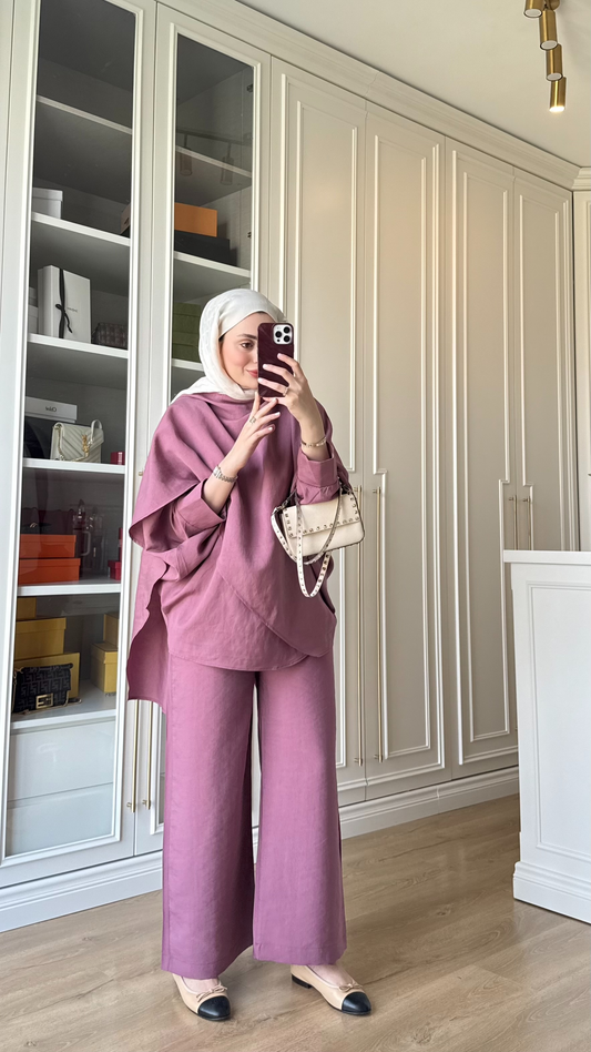 Oversized Tencel Set with Shawl Detail – Plum
