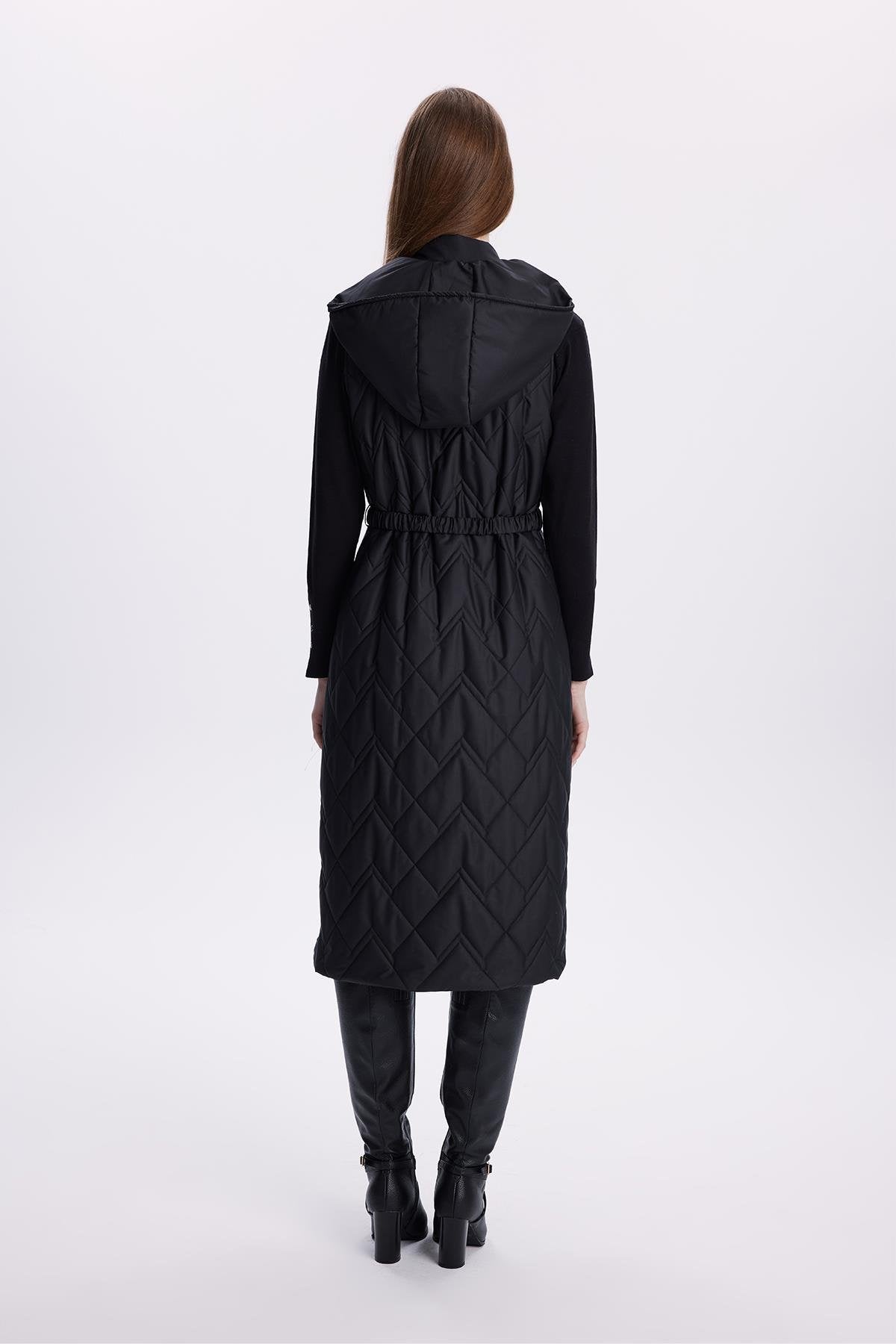 Hooded Long Quilted Puffer Vest – Black