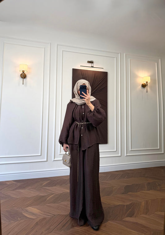 Brown Textured Co-ord Set – Balloon Sleeve Shirt & Wide-Leg Trousers
