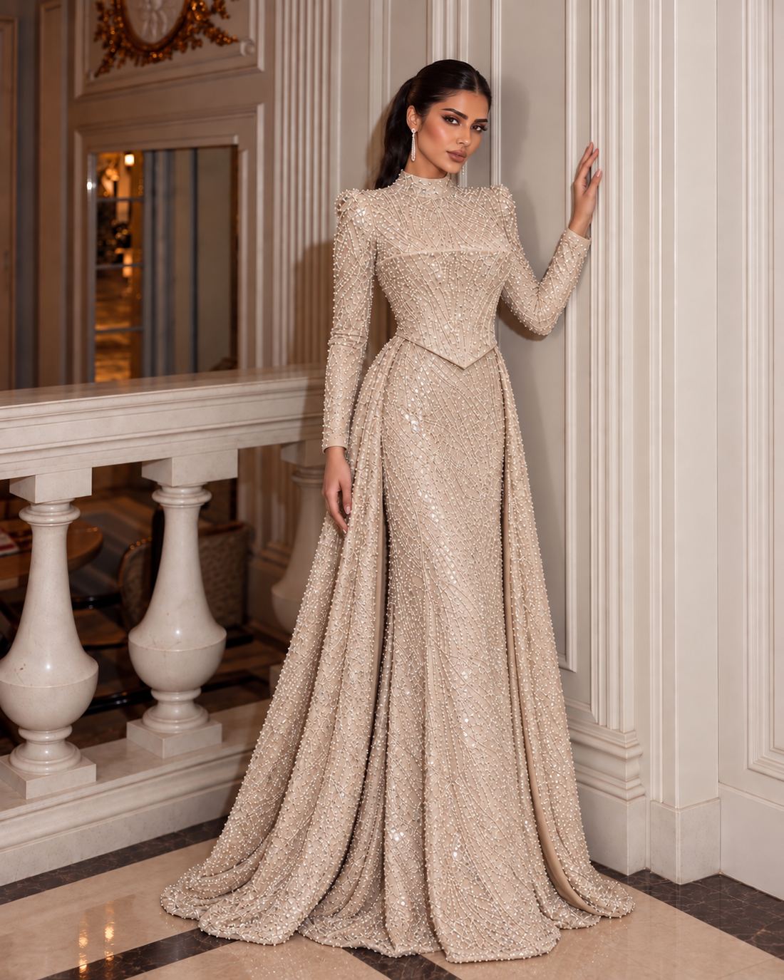Noora Plus Size Pearl-Embellished Lace Evening Dress - Beige