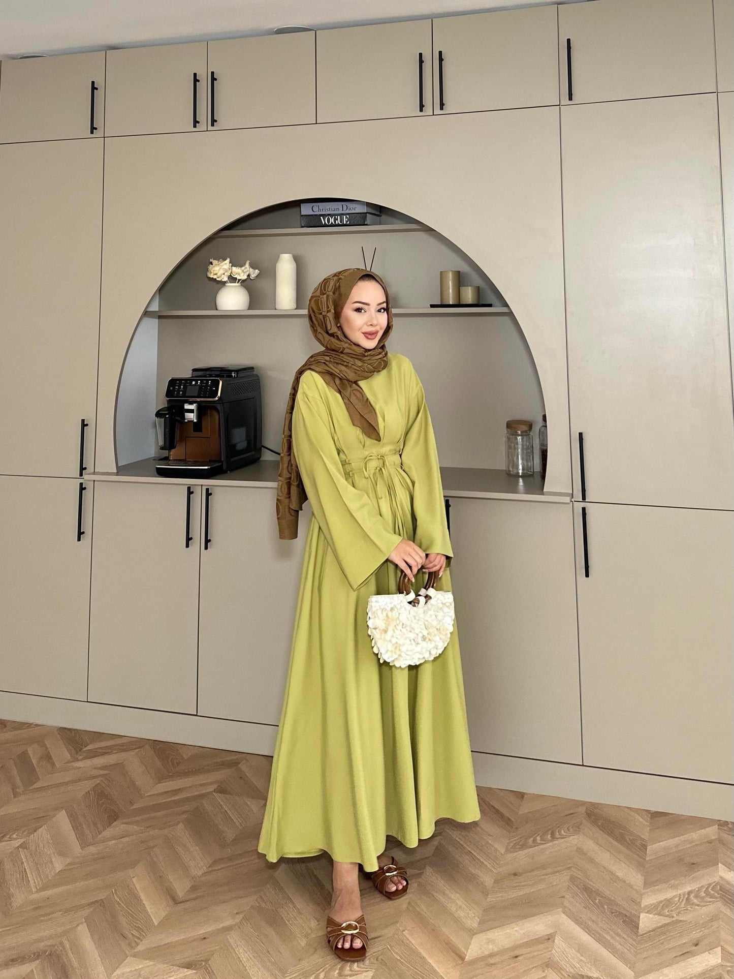 Fitted Waist Maxi Dress in Modal Fabric- Olive