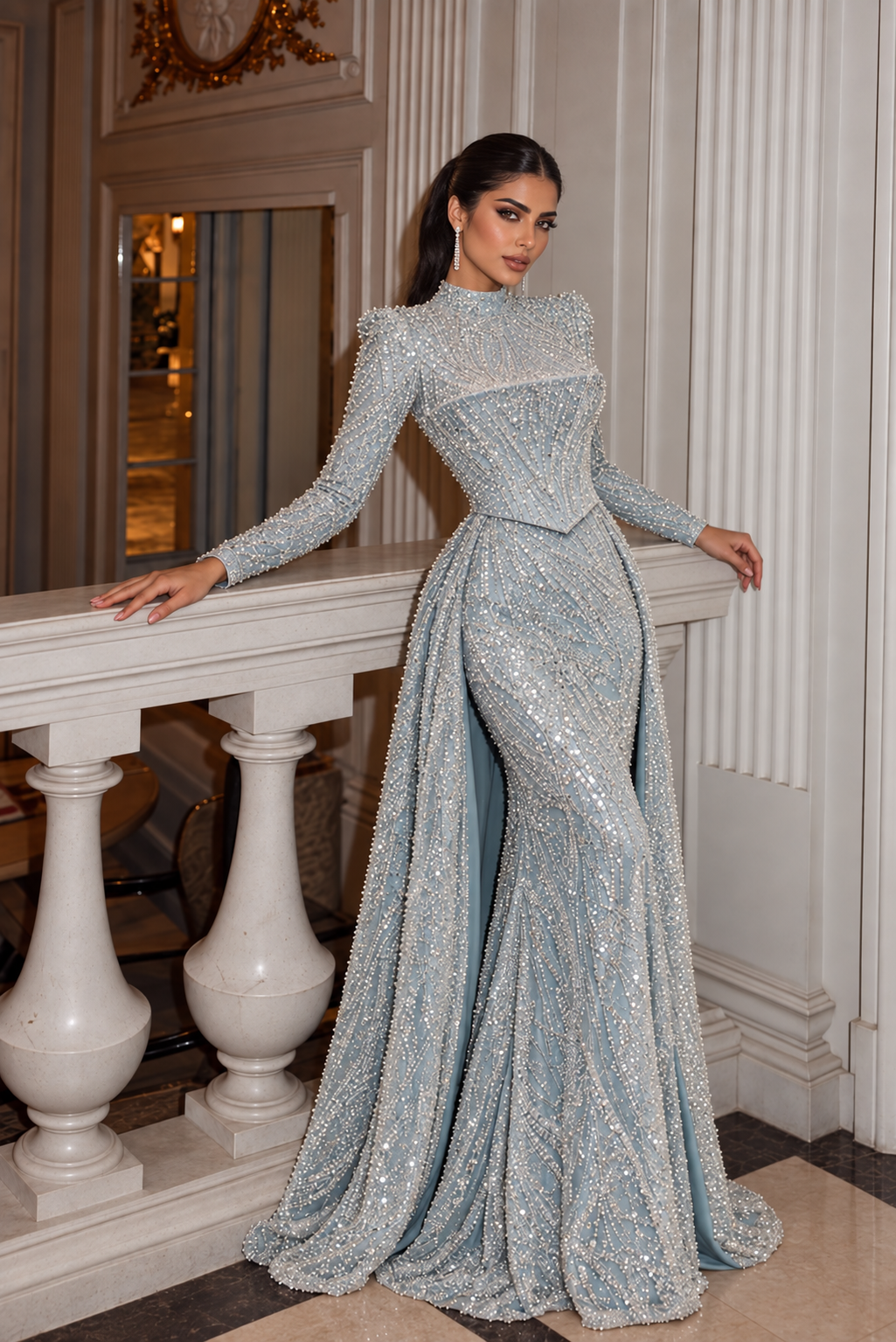 Noora Pearl-Embellished Lace Evening Dress - Mint