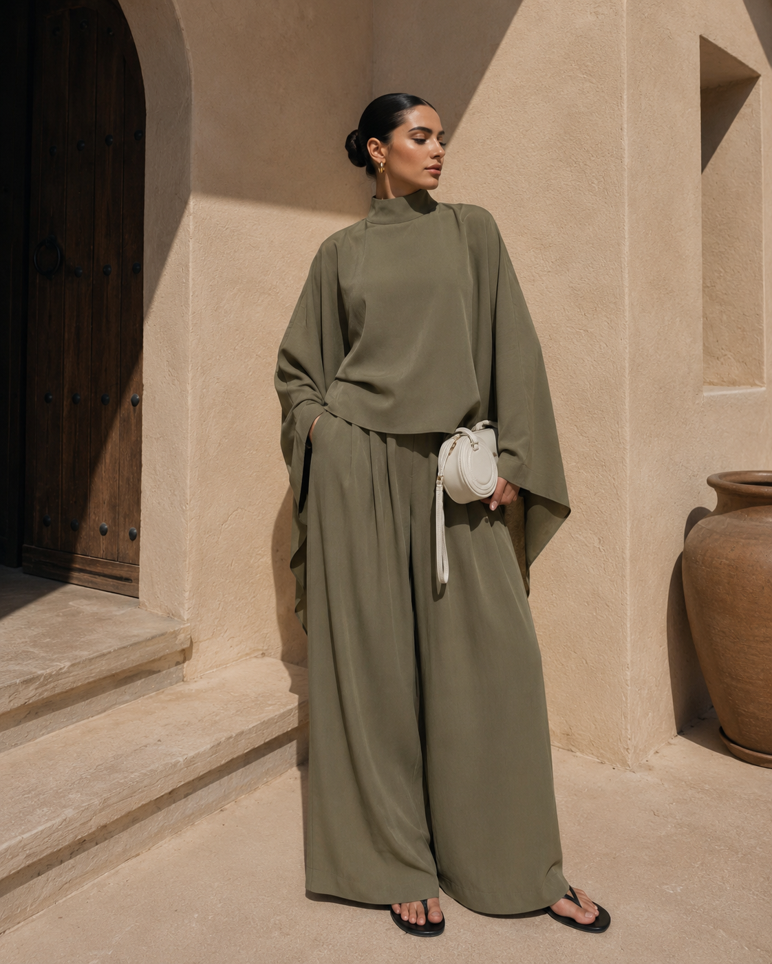 Olive Batwing Sleeve Tensel Co-ord Set | Modest Two-Piece Outfit