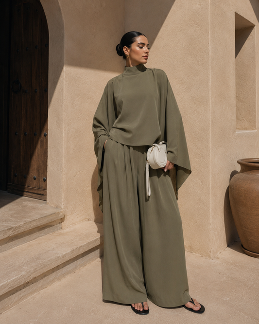 Olive Batwing Sleeve Tensel Co-ord Set | Modest Two-Piece Outfit