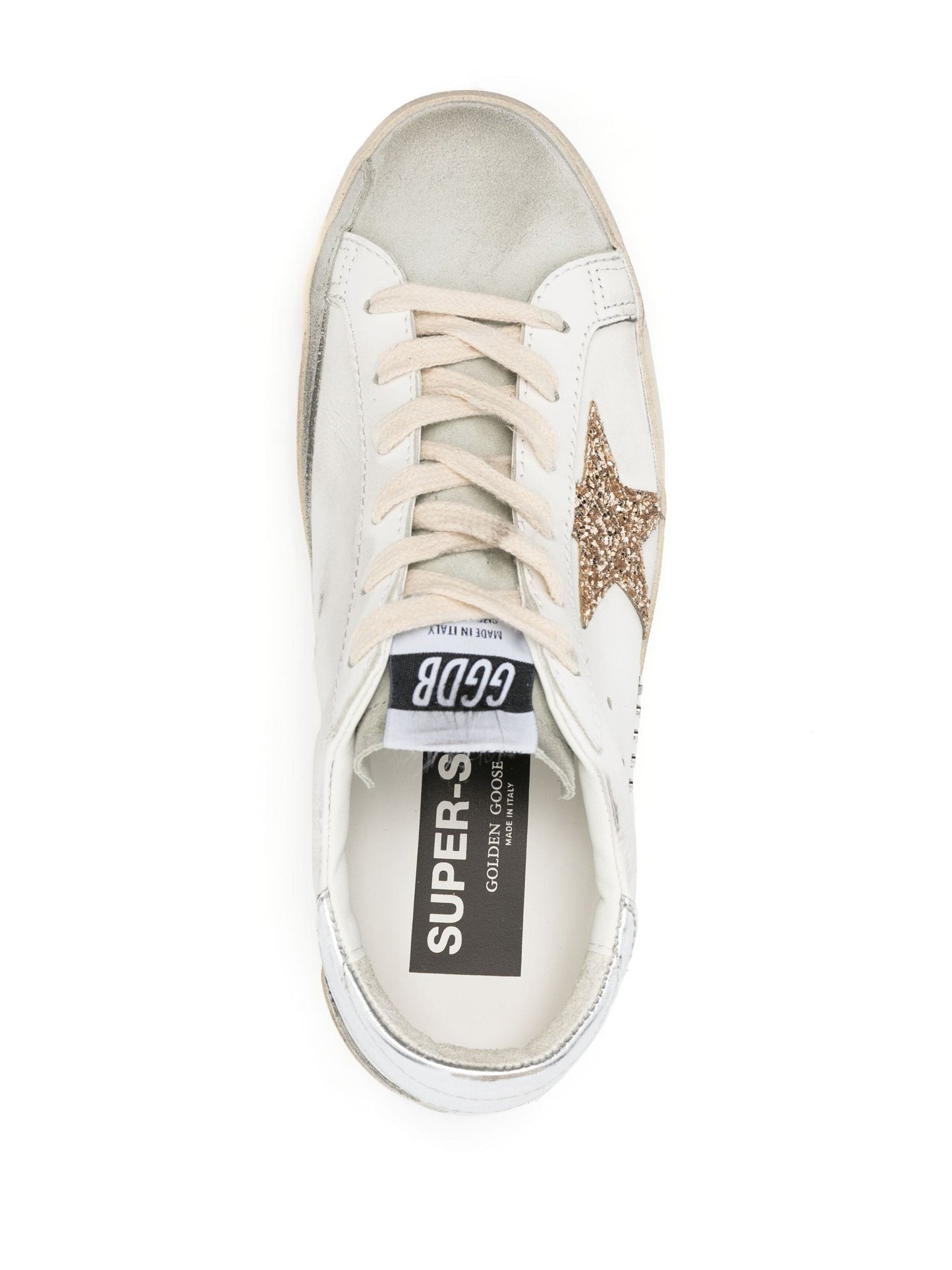 Golden Goose Women's Super-Star with gold glitter star and ice-gray suede inserts