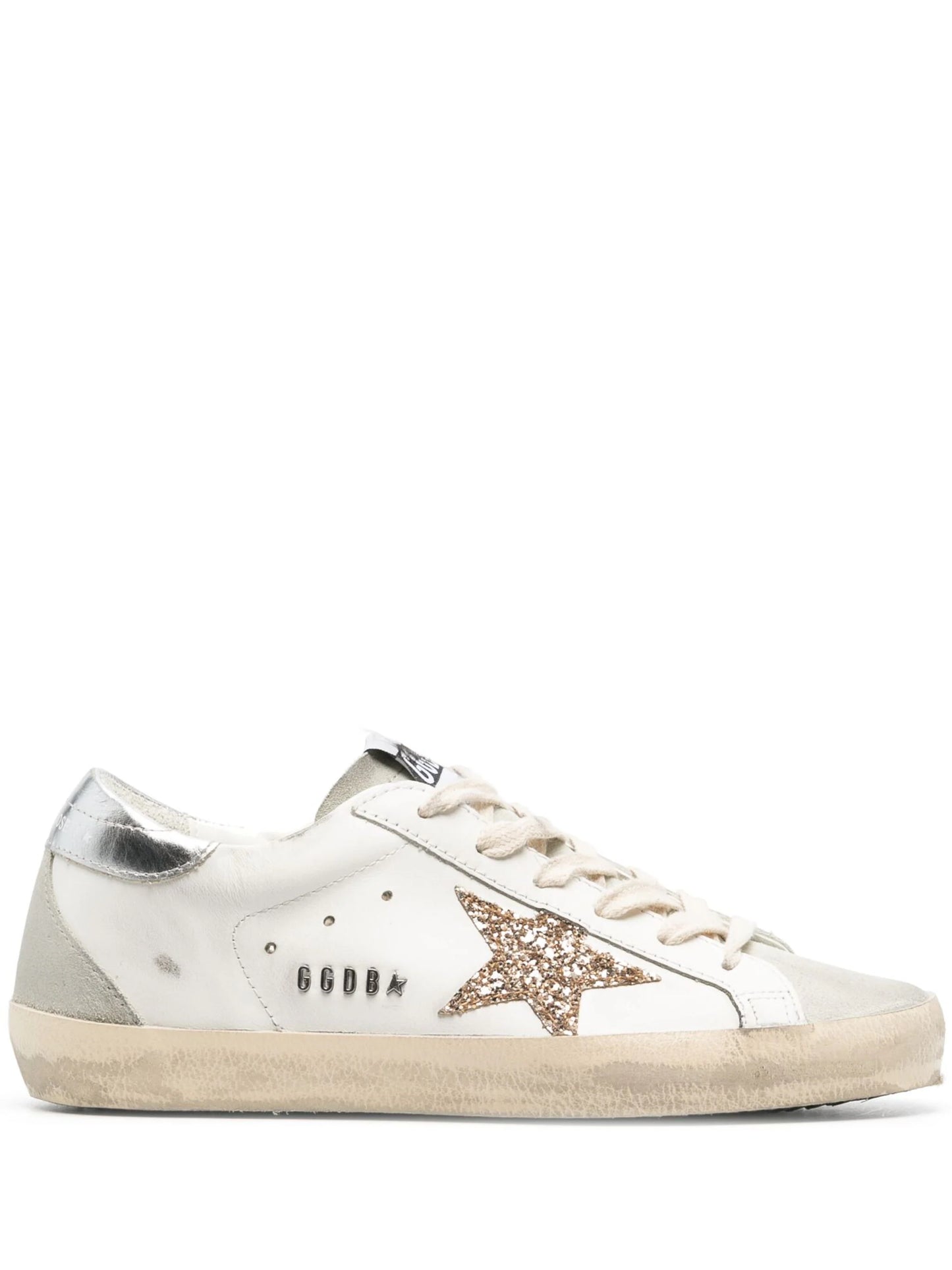 Golden Goose Women's Super-Star with gold glitter star and ice-gray suede inserts