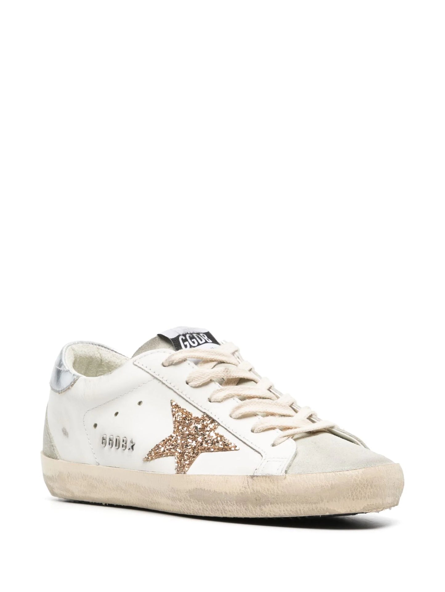 Golden Goose Women's Super-Star with gold glitter star and ice-gray suede inserts