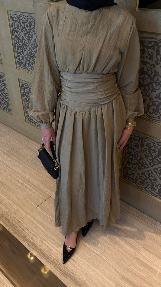 Crushed Fabric Waist-Detail Dress Khaki